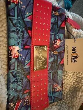 Nana Banana Graffiti Print Wristlet Clutch with Red Studded Accent